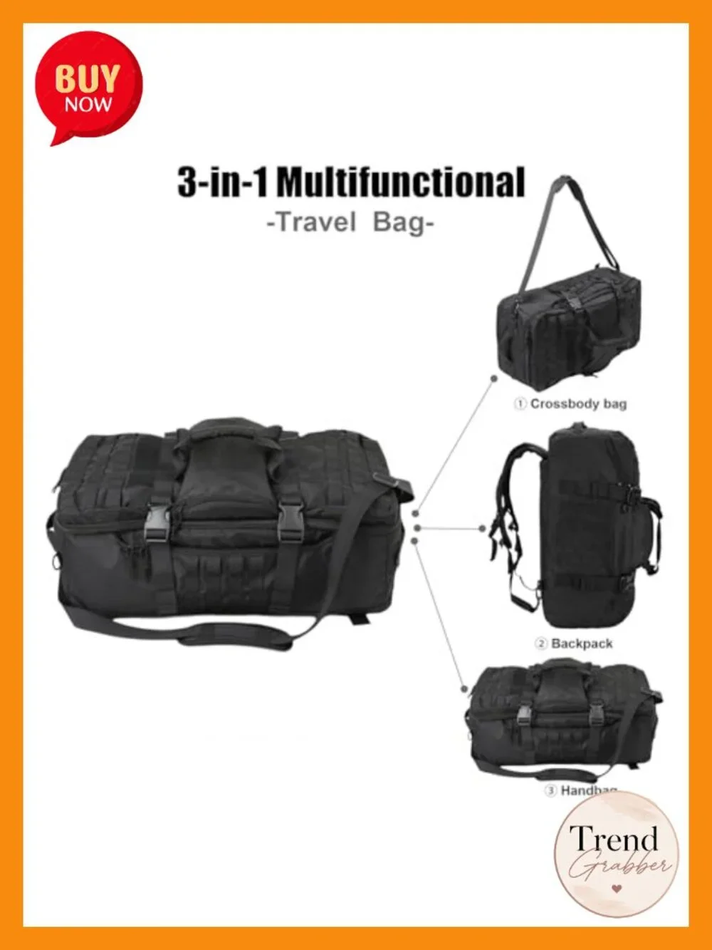3-in-1 Tactical Travel Duffel Backpack 85L Heavy Duty Gym Bag 600D Nylon
